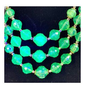 Vintage Three-Strand Uranium Green Faceted Bead Necklace GLOWS  16" Statement